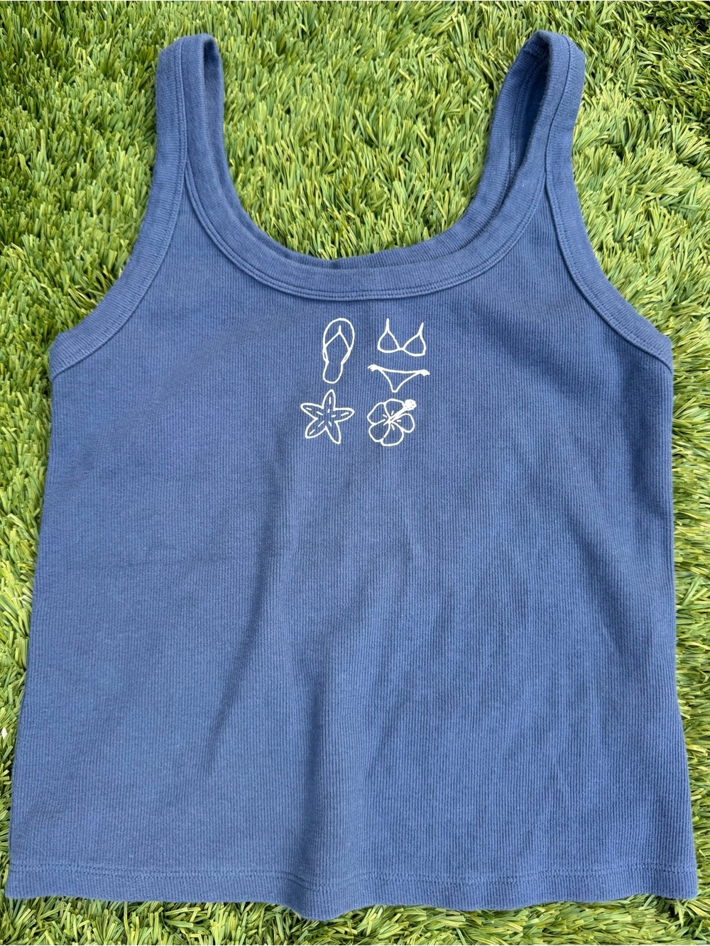 American Eagle Outfitters Blue Tank Top with White Beach Icons